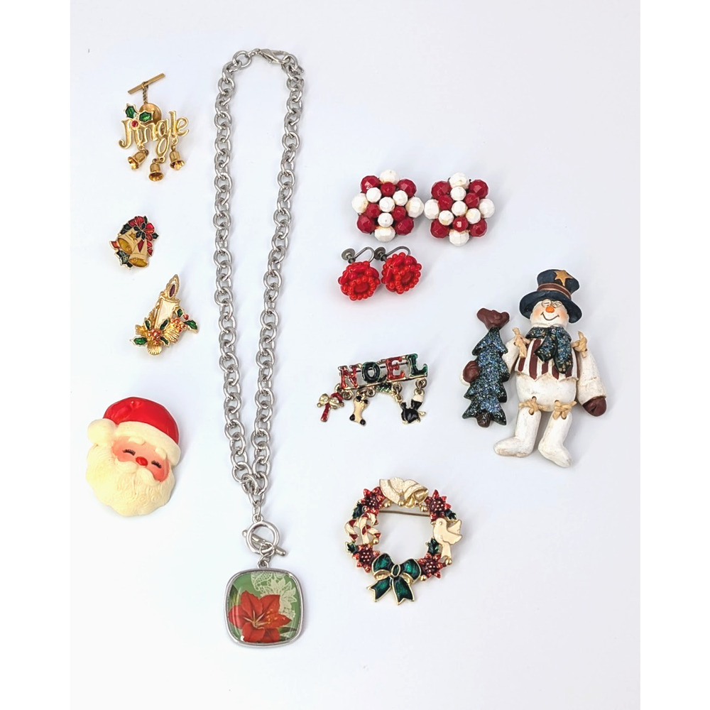 10 Christmas Jewelry Lot Brooch Necklace‎ Earrings Articulated Snowman Vintage